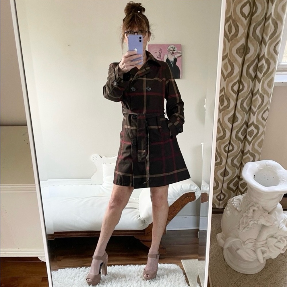 MERONA WATER REPELLANT TRENCH COAT TAN BROWN RED PLAID POCKETS BELT